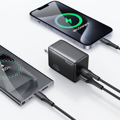 Carregador rápido Trusmi MINI PD45W GAN USB-A + USB-C com conjunto de cabos USB-C para USB-C de 60 W (EUA/Reino Unido/UE)